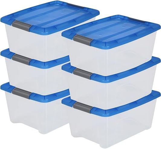 Iris 15L x 6 Stackable Plastic Storage Boxes with Lid & Closing Clips